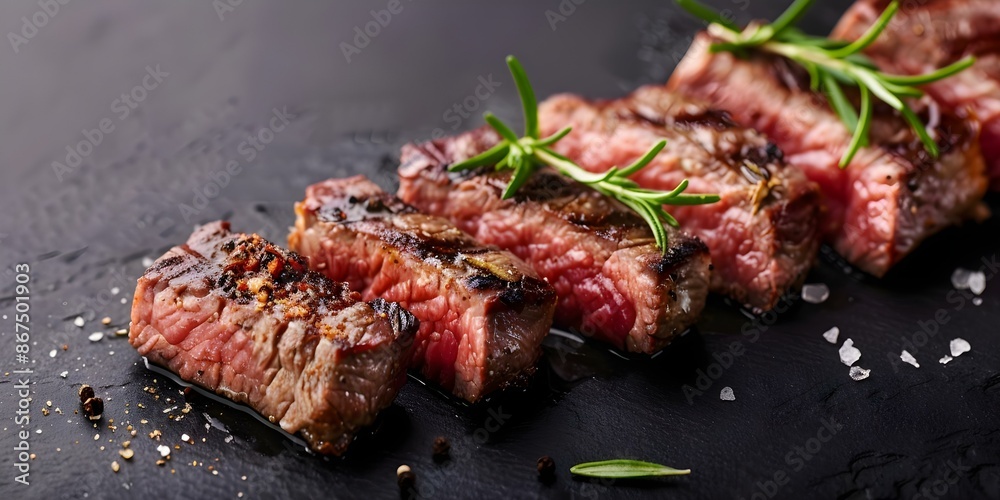Commercial photo of medium rare steak slices with spices on dark background. Concept Food Photography, Medium Rare Steak, Spices, Dark Background, Commercial Advertisement Commercial photo of medium rare steak slices with spices on dark background. Concept Food Photography, Medium Rare Steak, Spices, Dark Background, Commercial Advertisement