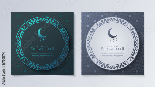 Eid Al-Fitr Mubarak, Ramadan Kareem, Islamic Style Greeting Background Collection Set with Arabic Ornaments