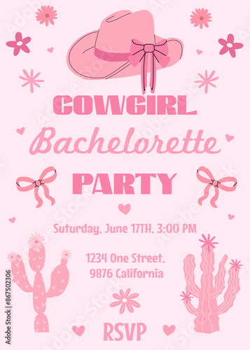 Hen Party invitation card. Last rodeo. Bachelorette party invitation template with cowboy hats, bows and cactus. Girls disco party. Wedding stationery. Vector illustration. On pink background