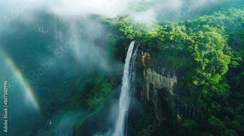 Dense green foliage surrounds a cascading waterfall that plummets from a cliff. Mist rises, creating a dreamy atmosphere, with a faint rainbow visible. © Karolis