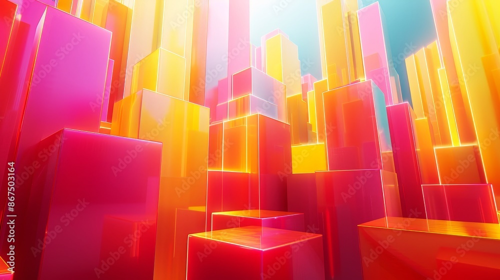 A cityscape made of blocks in various colors, with a pink A cityscape made of blocks in various colors, with a pink