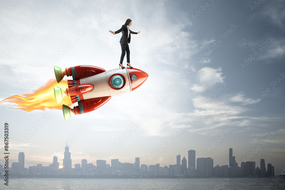 A woman balances atop a flying rocket above a cityscape under a cloudy sky, concept of adventure and ambition. Generative AI A woman balances atop a flying rocket above a cityscape under a cloudy sky, concept of adventure and ambition. Generative AI