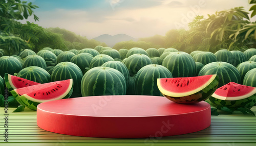Abstract podium for product presentation and Watermelon on on digital art concept, Generative AI. photo