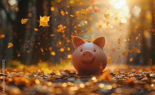 Pink Piggy Bank Surrounded by Falling Autumn Leaves and Coins