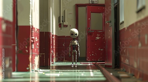 An eerie and unsettling scene of a lone captive confronting their alien captors in a dark,foreboding hallway,hinting at a reversal of power and an escape from a sinister extraterrestrial experiment.