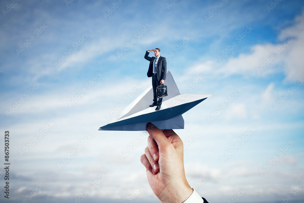 A businessman on a paper airplane looking ahead, photorealistic, with a sky background, concept of business vision. Generative AI A businessman on a paper airplane looking ahead, photorealistic, with a sky background, concept of business vision. Generative AI