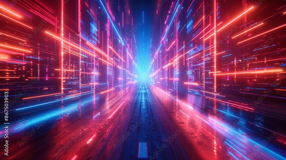 A long, colorful, neon-lit tunnel with a blue and red stripe A long, colorful, neon-lit tunnel with a blue and red stripe