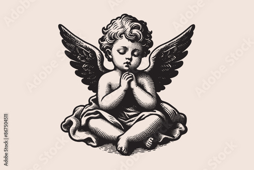 Praying little cute baby angel. vintage engraving black outline illustration. Isolated object, emblem. Vector