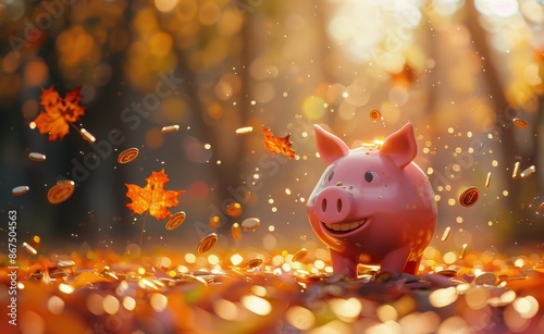Pink Piggy Bank Surrounded by Falling Autumn Leaves and Coins