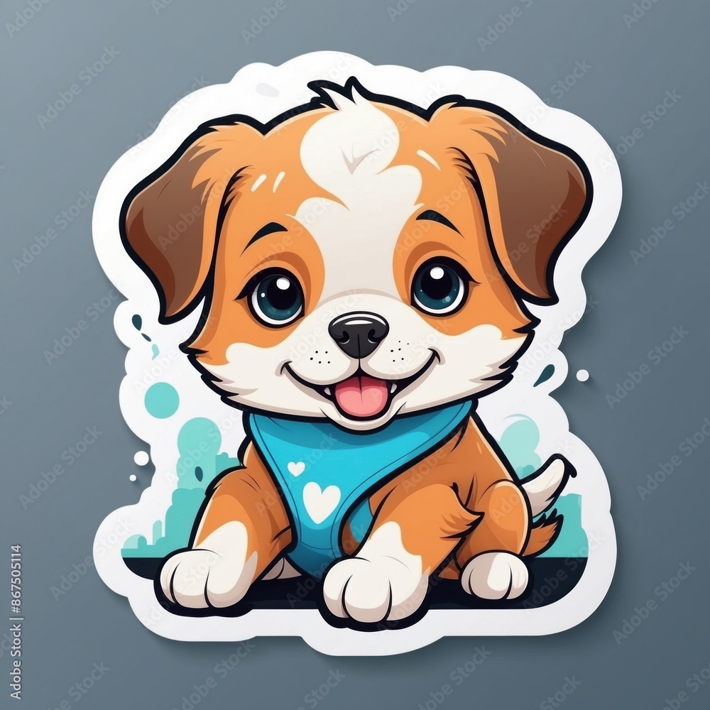 Sticker of a cute puppy wearing blue bandana. 3D cartoon style, isolated on a simple background. Sticker of a cute puppy wearing blue bandana. 3D cartoon style, isolated on a simple background.