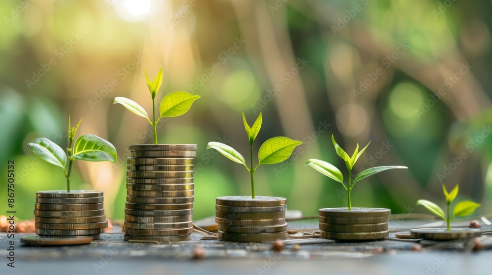 Large pile of coins stacked up with small plant and flower top, Interest rate and dividend concept, Large pile of coins stacked up with small plant and flower top, Interest rate and dividend concept,