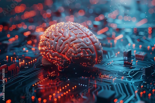 Creative thinking concept, double exposure of brain and circuit board, holographic ideas