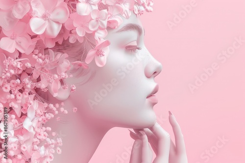 Elegant Flower Crown on a Woman's Head with a Soft Pink Background