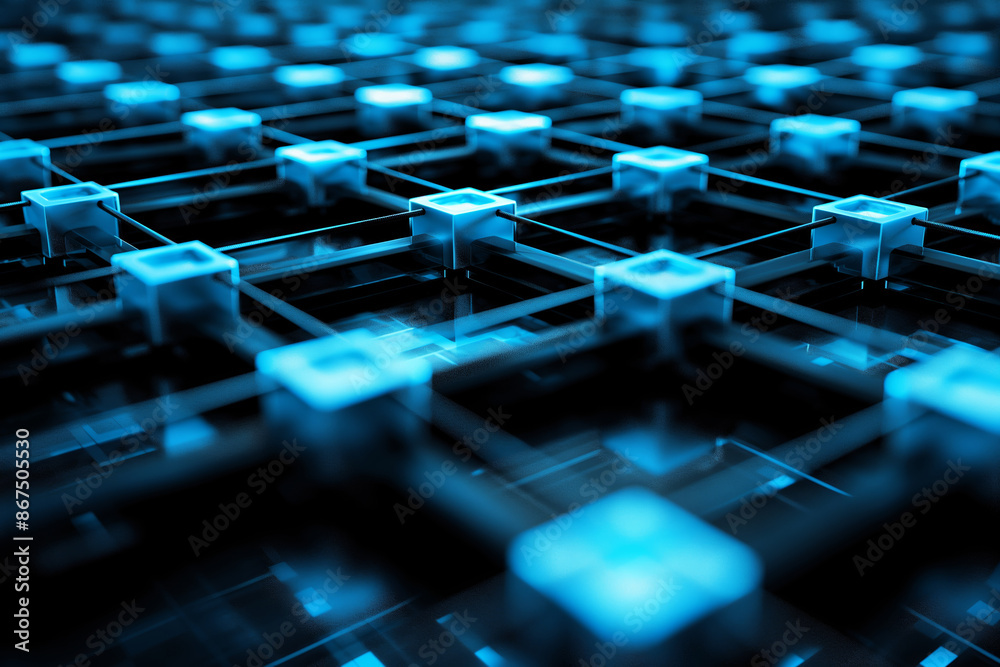 Fototapeta premium abstract Blue Technological Landscape with Glowing Cubes, Futuristic Digital Network Concept Representing Big Data and Blockchain Technology, Illuminated 3D Grid Structure for Hi-Tech Backgrounds