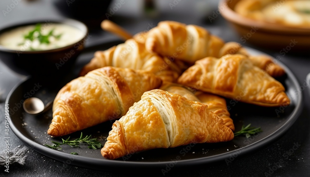 A black plate filled with golden baked goods shaped like crescents & topped w/ cheese or other ingredients. Sauce in bowl nearby for dipping. A black plate filled with golden baked goods shaped like crescents & topped w/ cheese or other ingredients. Sauce in bowl nearby for dipping.
