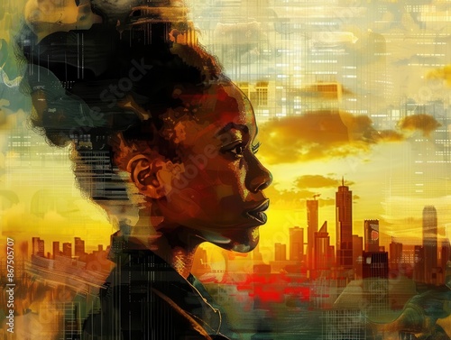 successful black businesswoman urban dreamer at sunset digital painting