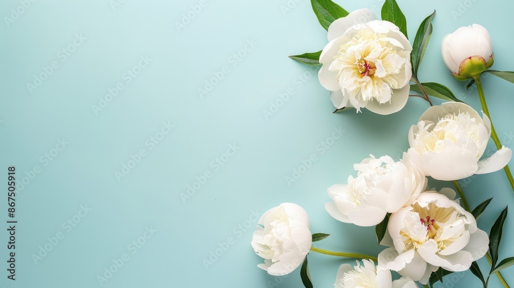 White peony flowers on pastel paper background with space for text in minimalist style for wedding invitation or greeting card concept White peony flowers on pastel paper background with space for text in minimalist style for wedding invitation or greeting card concept