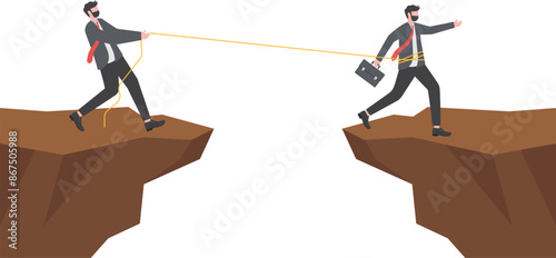 Businessman uses a rope to pull his companion to the cliff

