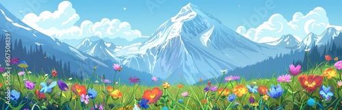 Scenic Mountain Landscape with Wildflowers. Cartoon Illustration of Nature's Beauty