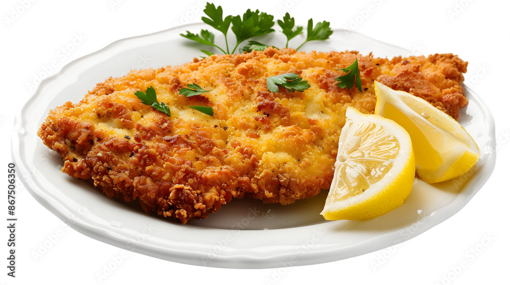 A classic chicken schnitzel, perfectly breaded and fried to golden perfection, isolated on a transparent background A classic chicken schnitzel, perfectly breaded and fried to golden perfection, isolated on a transparent background