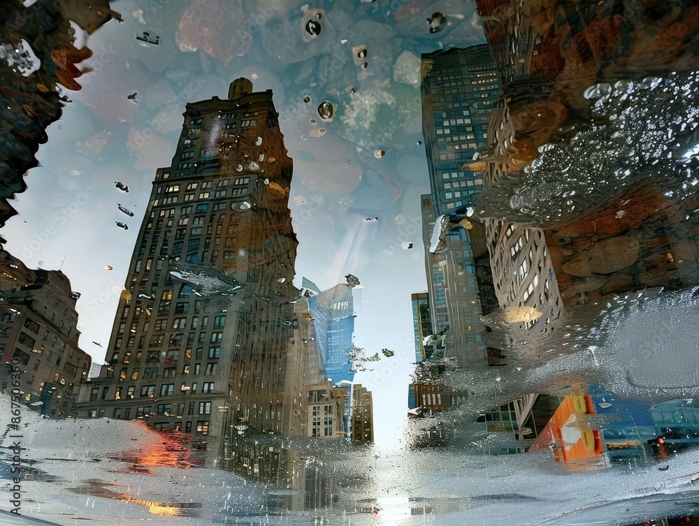 Obraz premium surreal cityscape with buildings reflected in puddles creating a mirrorlike effect distorted reflections blend reality and illusion in an urban setting
