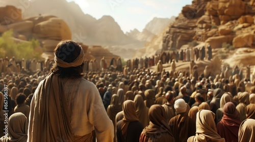 Jesus preaching to a crowd of followers in the desert