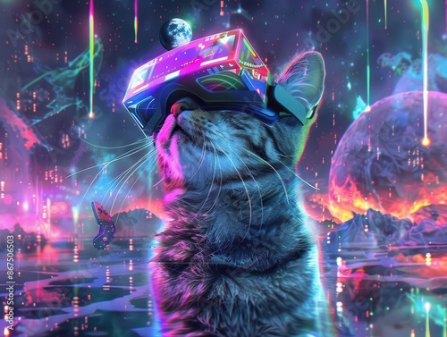 surreal digital art of feline in vr headset fractal landscapes neon color palette abstract geometric shapes cosmic background © Bijac