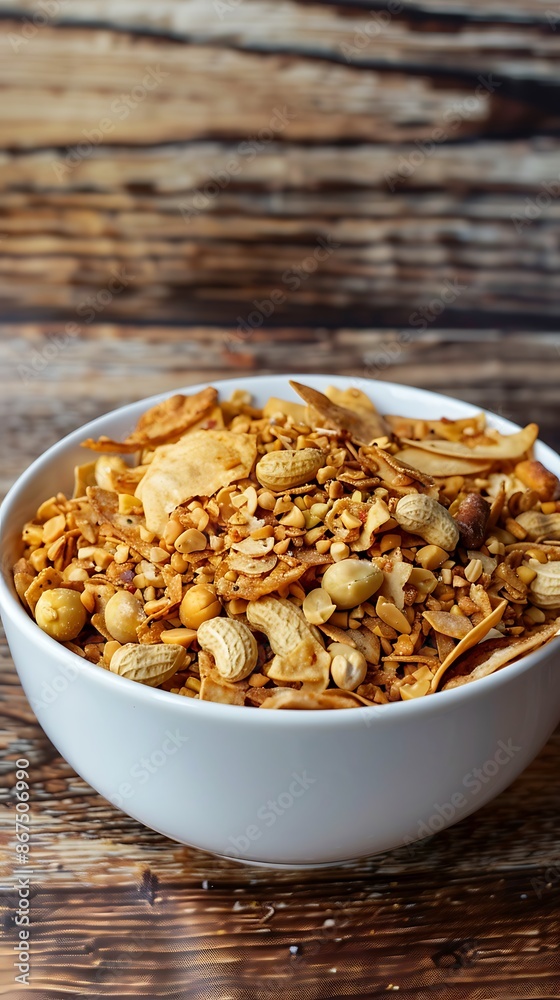 Indian mix of crunchy Nimco, spicy peanuts, and pappadam in a white bowl, wooden background Indian mix of crunchy Nimco, spicy peanuts, and pappadam in a white bowl, wooden background