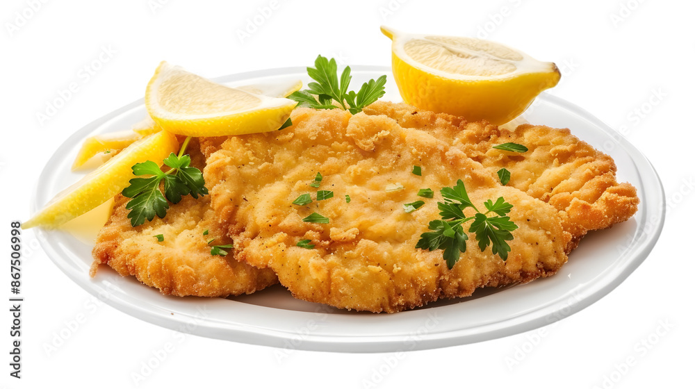A classic chicken schnitzel, perfectly breaded and fried to golden perfection, isolated on a transparent background A classic chicken schnitzel, perfectly breaded and fried to golden perfection, isolated on a transparent background