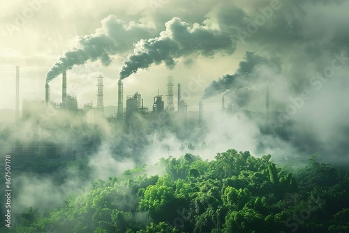 A vivid image depicting industrial smokestacks emitting pollution over a lush green forest, serving as a powerful wallpaper and abstract background on environmental best-seller topics