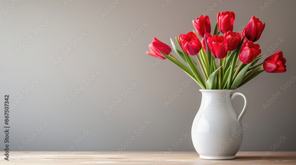 Red tulip bouquet in white vase on table with text area Red tulip bouquet in white vase on table with text area