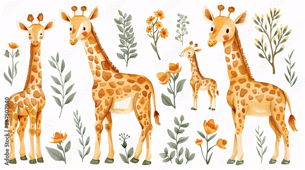 Fototapeta premium Adorable giraffe sticker set with various expressions on white background