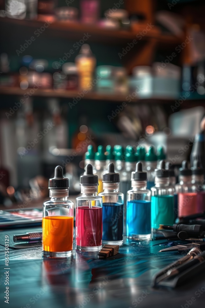 Artist preparing ink and tools in a tattoo studio Artist preparing ink and tools in a tattoo studio