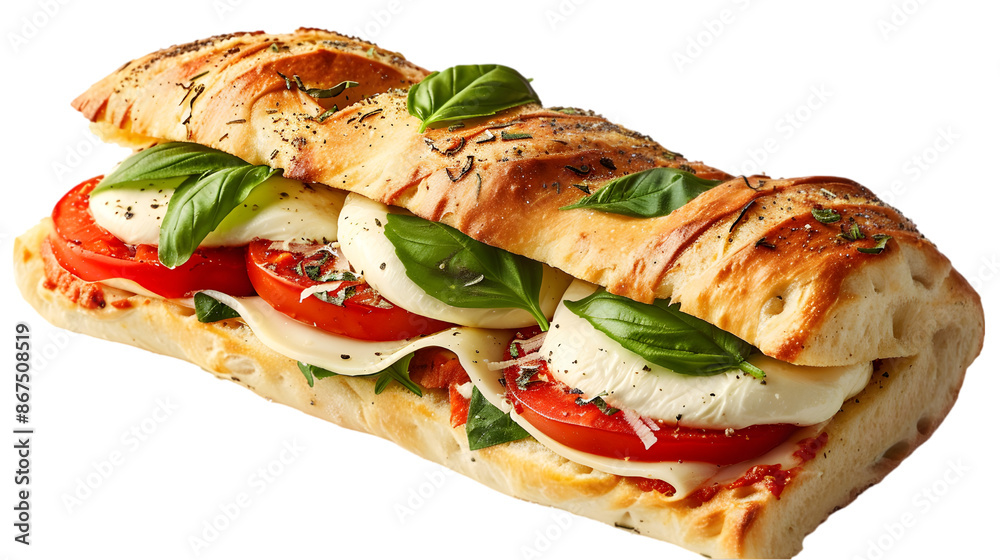  A classic Italian focaccia sandwich filled with mozzarella, tomatoes, and basil leaves,on a transparent background
