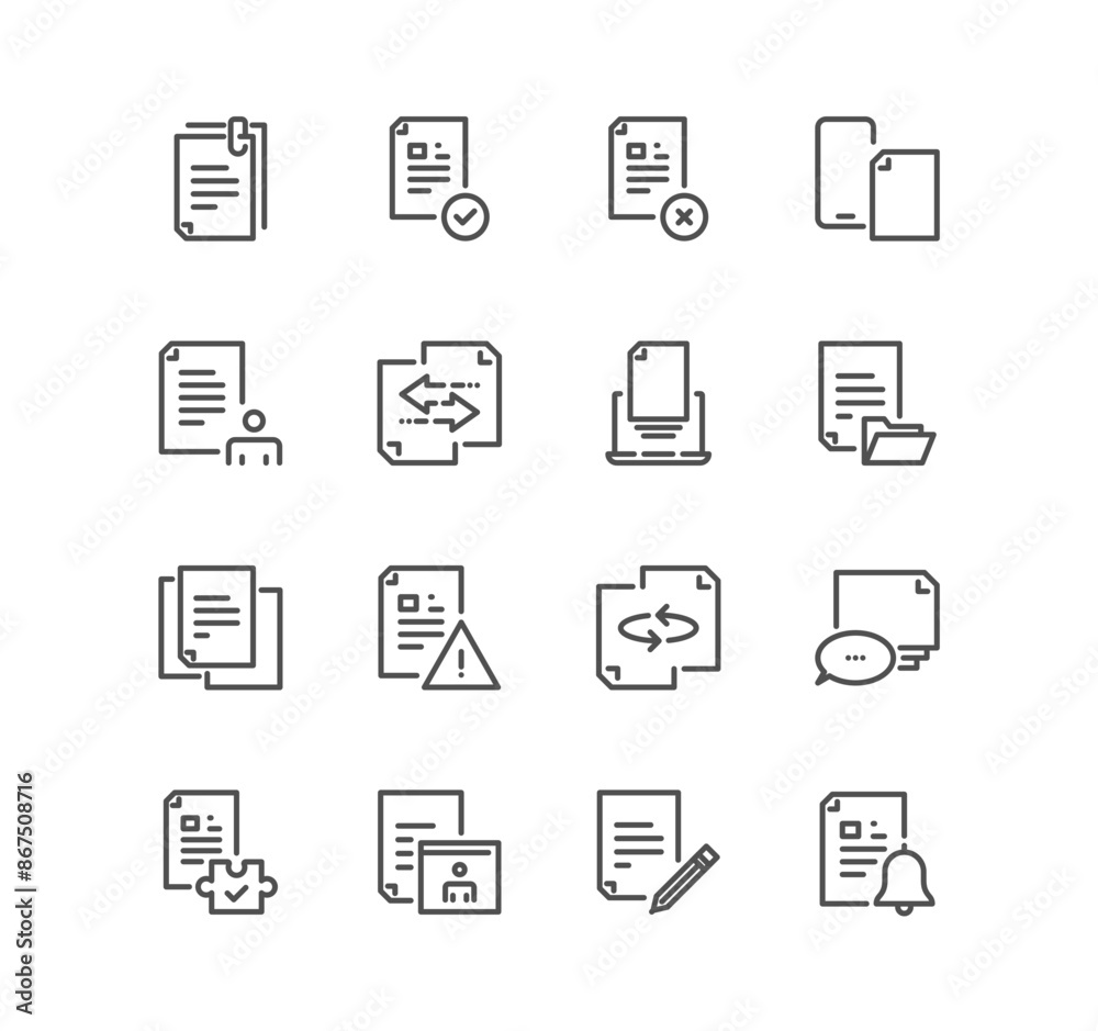 Set of documents and paperwork icons, office work, document flow, contract, file folder and linear variety vectors.
Set of documents and paperwork icons, office work, document flow, contract, file folder and linear variety vectors.