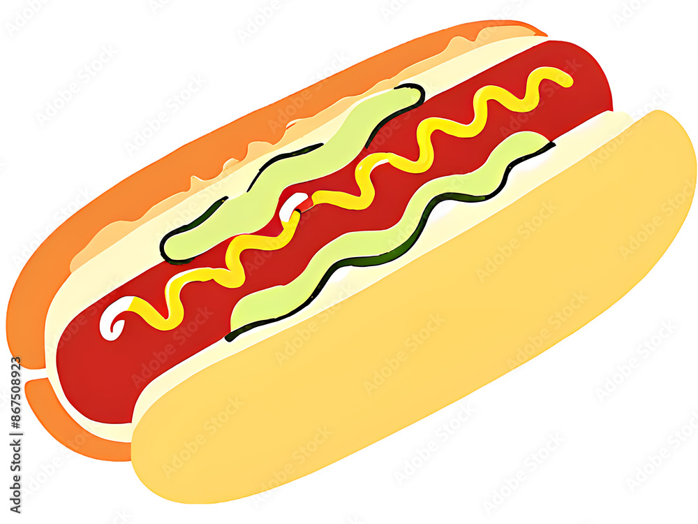 Delicious american hot dog, hot dog with ketchup, mustard and cucumber isolated on white background Delicious american hot dog, hot dog with ketchup, mustard and cucumber isolated on white background