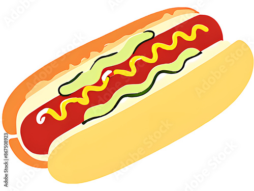 Delicious american hot dog, hot dog with ketchup, mustard and cucumber isolated on white background