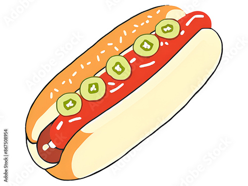 Delicious american hot dog, hot dog with ketchup, mustard and cucumber isolated on white background