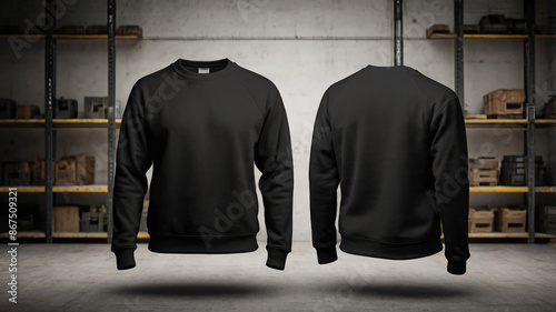 Blank sweatshirt mock up front and back view in color black template . crew neck mock up Created Generative Al