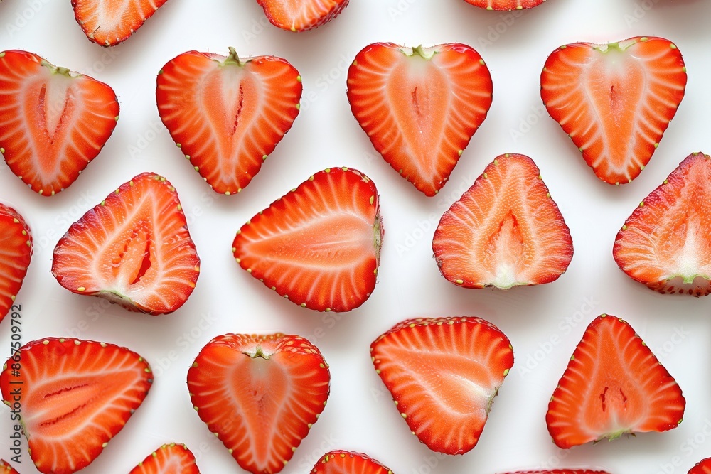 Neatly organized close up halved strawberries isolated on white background Neatly organized close up halved strawberries isolated on white background