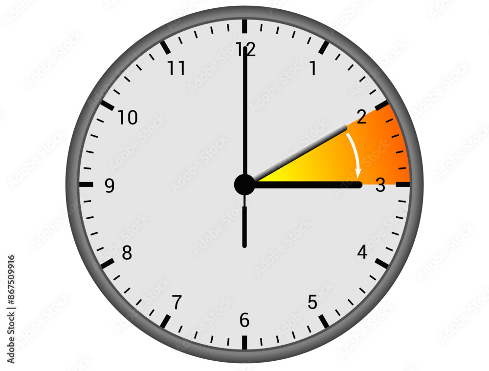 Classic analog clock with indicated daylight saving time change section with color gradient and white arrow, normal time to DST time, concepts, ideas Classic analog clock with indicated daylight saving time change section with color gradient and white arrow, normal time to DST time, concepts, ideas
