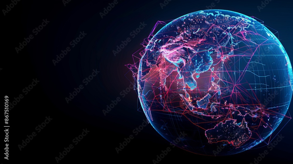 An abstract depiction of a glowing digital globe representing global ...