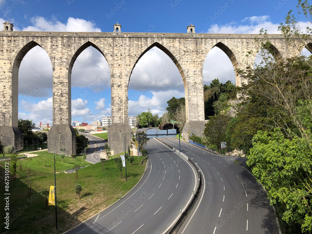 Deserted avenue under the Aqueduto das Aguas Livres during the COVID-19 pandemic, Lisbon