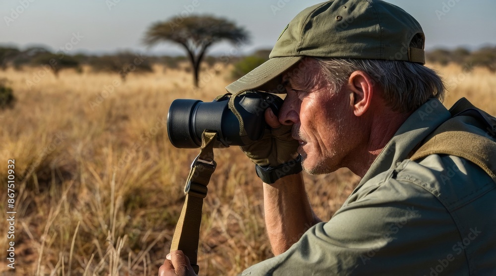Obraz premium South Africa ranger looking through binoculars in sear