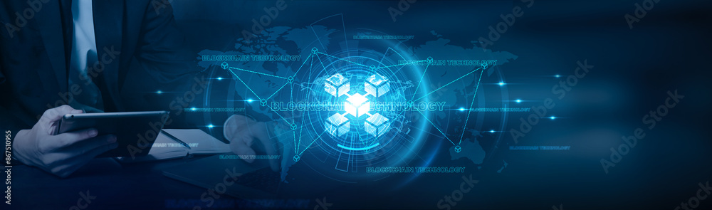 Blockchain, Businessman using laptop and analysis blockchain technology with significant growth on security, efficiency, transparency, decentralization, and financial transactions on global network. Blockchain, Businessman using laptop and analysis blockchain technology with significant growth on security, efficiency, transparency, decentralization, and financial transactions on global network.