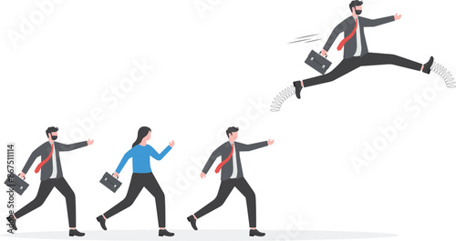 Businessman uses spring to jump in front of his companion
