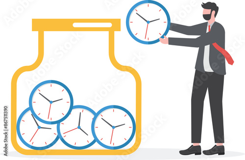 Time saving concept, hand holding clock into glass jar

