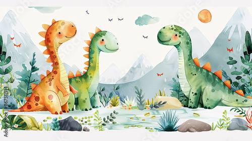 Fototapeta Naklejka Na Ścianę i Meble -  Cartoon watercolor dinosaurs for children's room wall stickers on white background