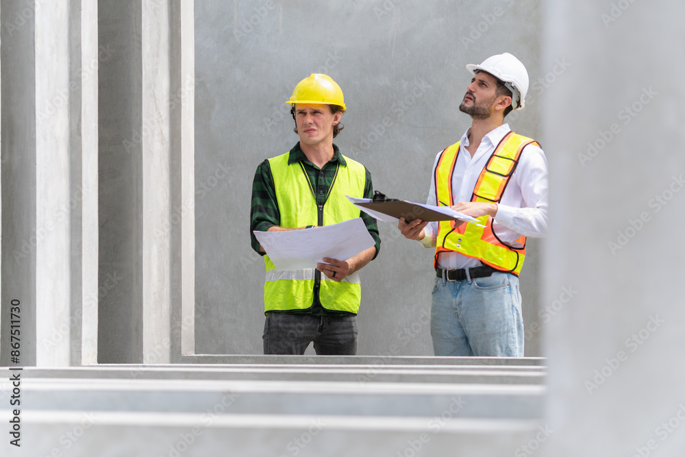 Site manager and worker on construction site, Engineer man and foreman team inspect the construction site