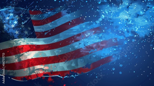 A grunge-style American flag image characterized by dynamic blue splashes and textures, capturing a raw and unrefined patriotic spirit with a modern artistic flair.